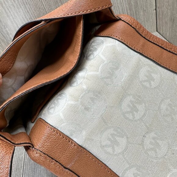 Michael Kors Crossbody Bag Womens Monogram Lining Flap Adjustable Leather Brown - Picture 10 of 14